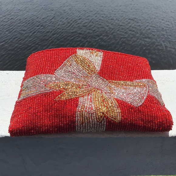 Neiman Marcus Beaded Gift Bow Top Zip Clutch Red, Silver, Gold
